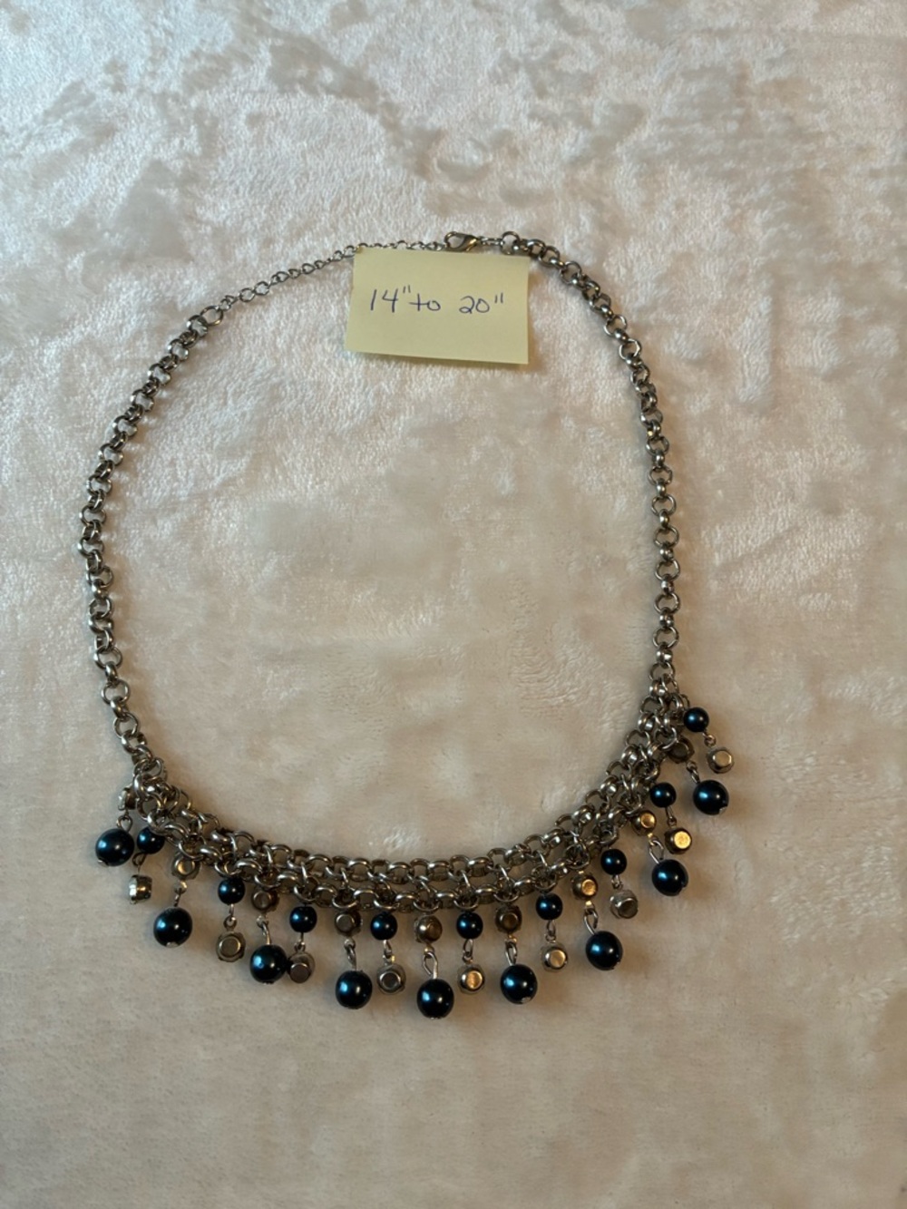 Silver Chain Necklace with Blue Bead Fringe